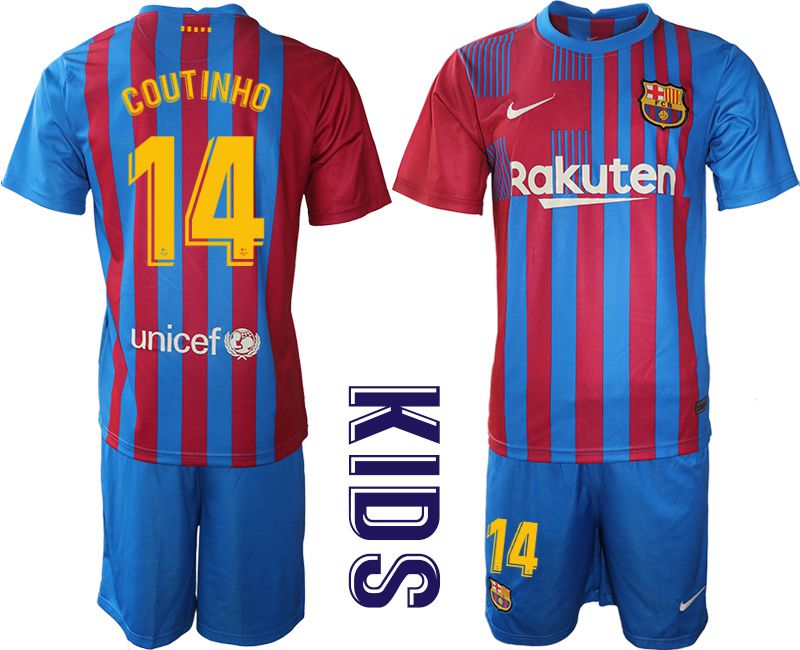 Youth 2021-2022 Club Barcelona home blue #14 Nike Soccer Jersey->barcelona jersey->Soccer Club Jersey